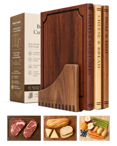 Book Cutting Board Set with Stand,3-Piece Real Hardwood Kitchen Boards