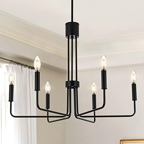 Peblto Black Farmhouse Candle Chandeliers Lighting, Modern Metal 6-Light Dining Room Light Fixture, Vintage Classic Hanging Chandelier for Dining Room, Living Room, Foyer, Hallway