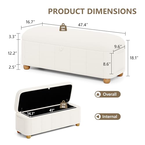 Einhomn 47.4" Ottoman with Storage, End of Bed Bench with Soft Upholstered Seat, Storage Ottoman Bench with Side Pocket, Solid Wood Legs, Entryway Bench for Bedroom, Living Room, Window by Einhomn - Used condition - Image 2