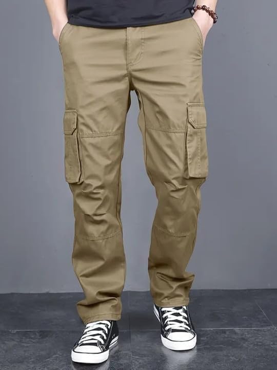 Image of DBAX Men's Olive Green Utility Cargo Pants | Multi Pocket Relaxed Fit Cargo Trousers | Durable Casual Streetwear Pants for Men
