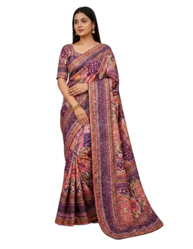 Image of Women's Chinon Silk Saree with Printed Design, Mirror Work & Zari Woven Detailing | Ethnic Wear Saree with Unstitched Blouse Piece | Traditional Festive & WeddingWear