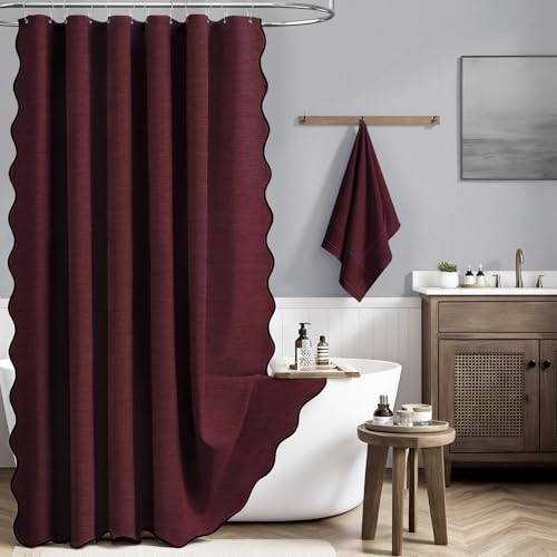 BTTN Burgundy Scalloped Shower Curtain Linen Textured Heavy Duty Fabric Shower Curtain Set with 12 Plastic Hooks Modern Rustic Boho Farmhouse Waterproof Cloth Shower Curtains for Bathroom 72x72