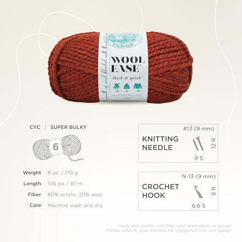 Image of Lion Brand Yarn Wool-Ease Thick & Quick Yarn, Soft and Bulky Yarn for Knitting, Crocheting, and Crafting, 1 Skein, Spice | Super Bulky Wool Acrylic Blend Fiber for Soft Hats, Sweaters, Chunky Blankets, Yarn for Crochet, Knitting, Crafts, Weaving