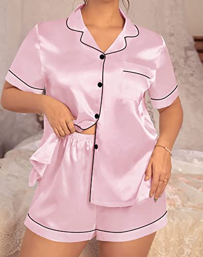 Swomog Women's Plus Size Pajama Set Silk Satin Pajamas Short Sleeve 2 Piece Sleepwear Button Down Bride Loungewear Set Pink #TOP2