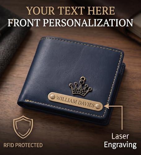 Image of Customized Wallet for Men with Name & Charm (Blue) | Personalised Stylish Leather Wallet for Boy | Personalized Unique Gift with Card Slots & Cash Compartment for Boys, Employees