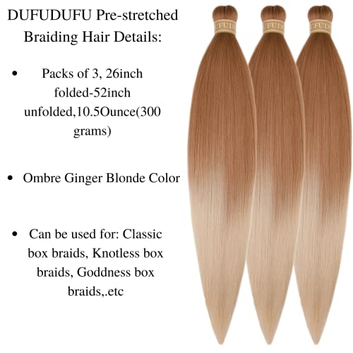 Ombre Ginger Blonde Braiding Hair Pre Stretched Kanekalon Knotless Braiding Hair For Braids（Packs Of 3,26",10 Oz） #TOP1
