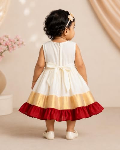 Image of Stanwells Kids Dress for Girls Embroidery Knee Length Traditional Applique Kerala Ethnic Frock for Baby Girls Zipper Beautiful Sleeveless Birthday Dress for Girls Cream & Green (4 Months-7 Years)