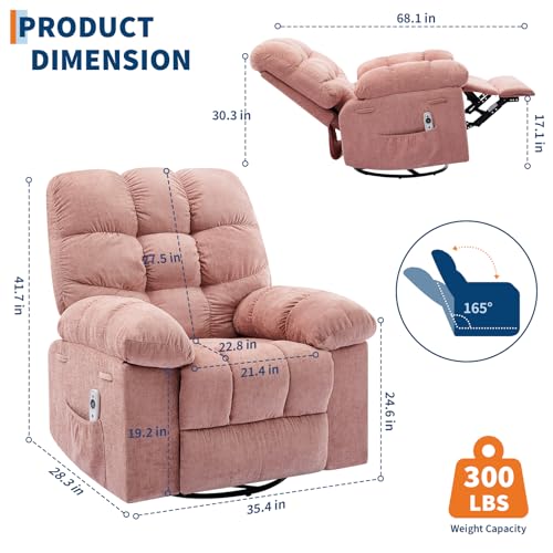 Image of 360 Swivel Rocking Recliner Chair with Vibration Massage & Heat, Oversized Rocker Recliner with Side Pocket for Living Room, Bedroom, Nursery & Small Spaces,Pink