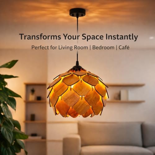 Image of Wood Pinecone Pendant lamp, Wooden Ceiling lamp, Wooden Hanging lamp handicrafted Home decore Chandelier Light (Lotus 2S)