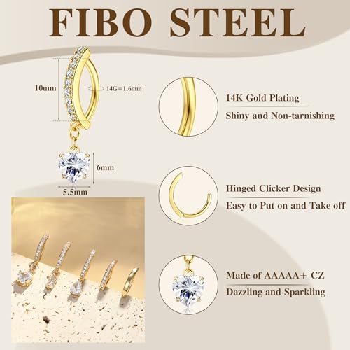FIBO STEEL 14K Gold Plated Belly Button Ring for Women 316L Surgical Steel Dangle Belly Button Ring Pink Heart Navel Rings Barbell CZ Clicker Belly Piercings Jewelry Dangly 14G4