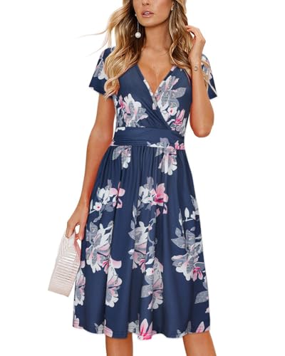 Image of OUGES Casual Summer Dress for Women Wrap V Neck A Line Midi Dresses with Pockets