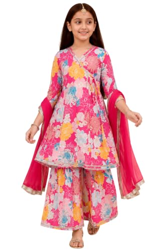 Image of Preneum Girls's Ethnic Cotton Bandhani & Lehariya Printed 3 /4 Sleeves Gotta Patti Angrakha Kurta with Sharara Set