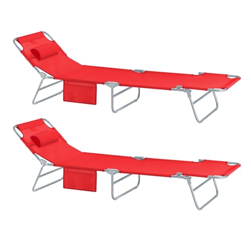SoBuy 2-er Set Sonnenliege klappbar Gartenliege Liegestuhl klappbar mit Kopfkissen & Seitentasche Strandliege Balkon Relaxliege 155x56x81cm für Gartenmöbel Terrasse Camping Rot OGS35-Rx2