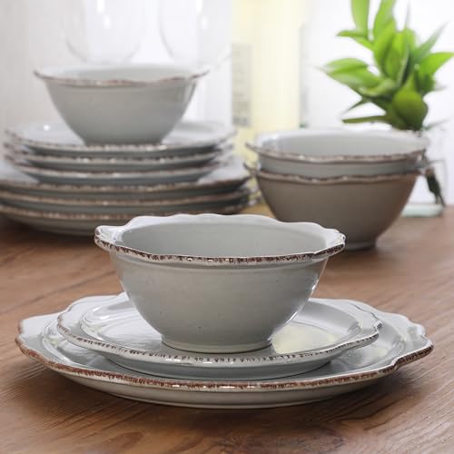 Image of Gibson Elite Kennon Road Plates and Bowls Set, 12-Piece Dinnerware Set, White Scalloped Stoneware Dishes, Dinner Plates, Salad Plates & Cereal Bowls, Reactive Glaze
