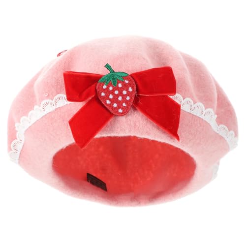 ABOOFAN Women Wool Bow Beret Pink French Style Warm Winter Hat for Travel Daily Wear Cute Strawbwrry Beret