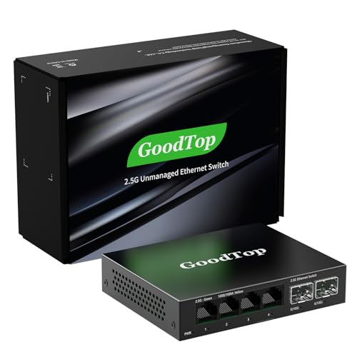 GoodTop 4 Port 2.5Gb Unmanaged Ethernet Switch with 2 x 10G SFP+,4 x 2.5G Base-T Port Compatible with 10/100/1000Mbps,60Gbps Switching Capacity,Metal Fanless Multi-Gigabit Homelab Setup Network Switch