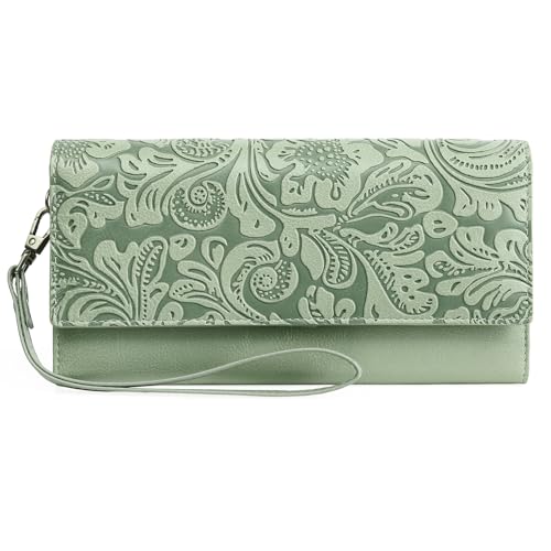Image of GOIACII Women's Large RFID Blocking Purse Retro Leather Floral Embossed Ladies Wallet with Multiple Card Slots Wristlet Green