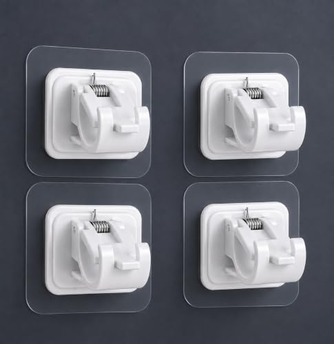 Image of 4 Pack Self Adhesive Curtain Rod Brackets White No Drill Curtain Rod Holder Hooks Heavy Duty Wall Mount Rod Supports for Home Bathroom Hotel Bedroom Window Curtains Without Screws or Drilling