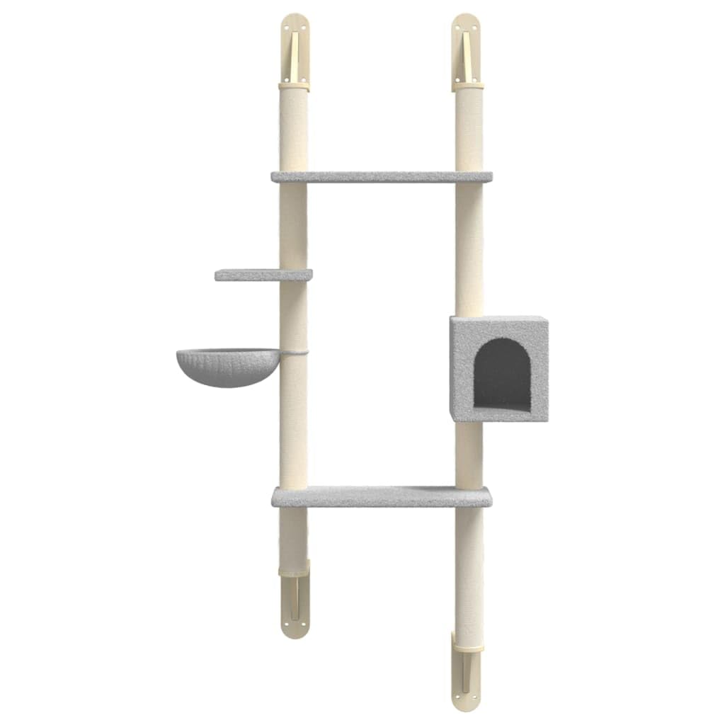 Rascador con columna rascadora, montaje en pared, color gris claro, 180 cm, para cuidado de las garras de sisal, superficies de descanso de felpa, muebles para gatos estables, ahorra espacio