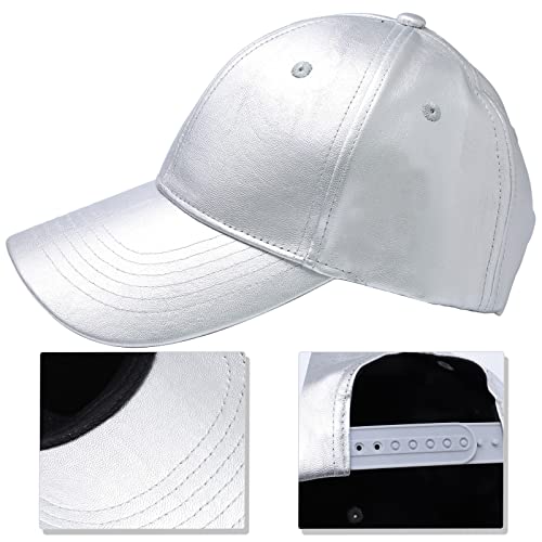 Sportmusies Adjustable Unisex Baseball Cap, Pu Leather Classic Baseball Cap For Fall Winter Sun Protection Sport Hat, Silver #TOP2
