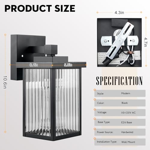 Image of 2 Pack Modern Farmhouse Outdoor Wall Lights,IP65 Waterproof & All-Metal Build,Textured Tempered Glass for Soft, Elegant Glow for Porch, Garage, Front Door