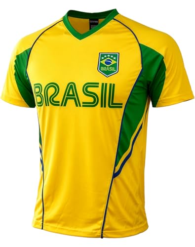 Icon Sports Kids Brazil Performance Jersey - Youth Sizes Brazil Futbol Shirt - Brasil Soccer Short Sleeves Tee Shirt (YM) Yellow
