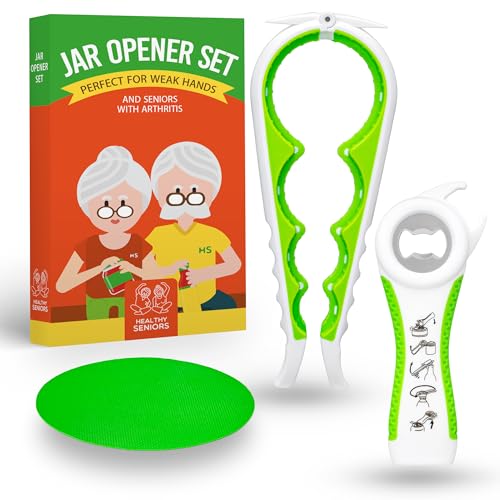 Healthy Seniors Jar Opener for Seniors with Arthritis, Easy Twist Jar Opener for Weak Hands, Multi-Function Bottle Opener for Arthritic Hands with Rubber Jar Opener Gripper Pad (Pea Green)