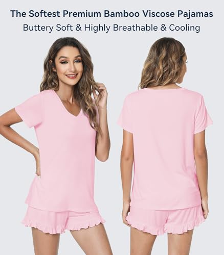 Image of WiWi Womens Pajamas Set Bamboo Viscose Super Soft Short Sleeve Top Ruffle Shorts Sleepwear Cooling Pj Sets S-XXL