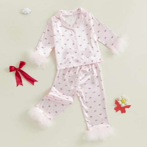 DuAnyozu Toddler Girl Valentines Outfit Satin Pajamas Feather Trim Sleeve Top Pants Kids Little Girls 2Pcs Pjs Sleepwear3