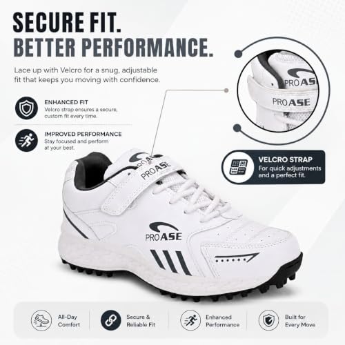 Image of Pro ASE Lightweight Cricket Shoes - Durable & Comfortable | Ideal for Turf, Ground & Hard Surfaces | Allrounder Design with Studs, Velcro & Superior Grip | White, Blue, Grey