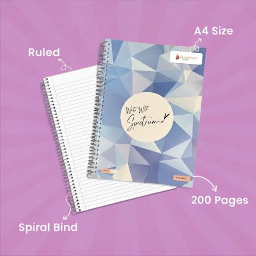 Image of Spectrum Spiral Notebooks, A4 Size, Ruled, 200 Pages, Blue Geometric Design, Pack of 4