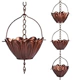 YJNSFT 8 ft Copper Plated Rain Chain for Outside Downspouts, Adjustable Rain Catcher for Garden Gutters, Decorative Metal Hanging Flower Spiral Rain Bells, 12 Lotus Cups, Red Copper Color