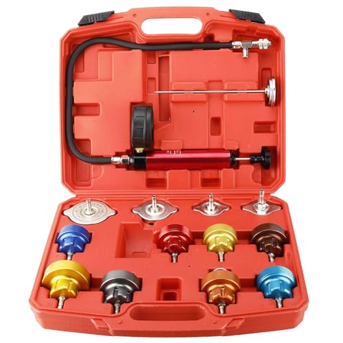 FreeTec 14 pzas Probador Presion Radiador, Universal Probador Presion Circuito Refrigeración, Kit Comprobador de Fugas Liquido Refrigerante, Herramientas Radiador Coche con Bomba Adaptador