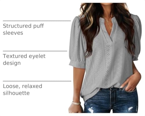 Image of Dokotoo Womens Blouses V Neck Puff Short Sleeve Business Casual Tops