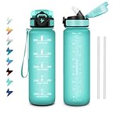 Botella Agua 1L, Cantimplora con Pajita, a Prueba de Fugas, Fácil de Limpiar, Reutilizable, Botella Agua con Marcador de Tiempo, con Cierre Seguro, para Escuela, Senderismo, Gimnasio, Adultos