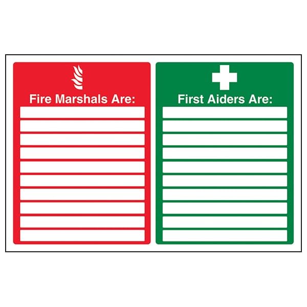 V Safety Fire Equipment - Fire Marshals/First Aiders - 400 X 300MM Safety Sign With Snap Frame, Red/Green, 400x300mm