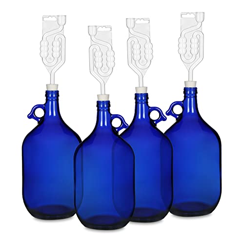 WYSKONT Globo redondo de cristal - Botella de cristal de 3 litros azul con asa, tapón de rosca, tubos de fermentación y tapones de goma x 4 Cover