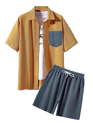 Oyoangle Men's 2 Piece Outfits Short Sleeve Striped Button Down Shirt And Shorts Sets Brown Colorblock Xx-Large #TOP9