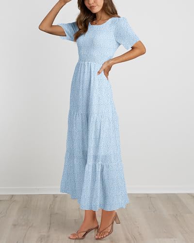 Image of BTFBM Women Casual Short Sleeve Crew Neck Summer Dress Bohemian Floral Printed Flowy Maxi Dresses Tiered Cocktail Dress