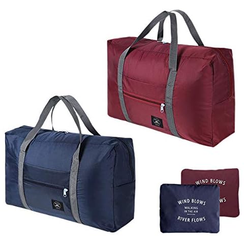 2 Pack Foldable Lightweight Duffle Bag, Waterproof Travel Storage Luggage, Portable Tote for Gym, Sports, Vacation, Picnic (Wine-Red&Navy-Blue) Cover