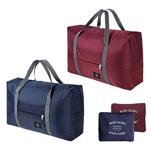 Bolsa de Lona Liviana Plegable de 2 Paquetes, Equipaje de Almacenamiento de Viaje a Prueba de Agua, Bolsa portátil para Gimnasio, Deportes, Vacaciones, Picnic (Rojo Vino y Azul Marino) Cover