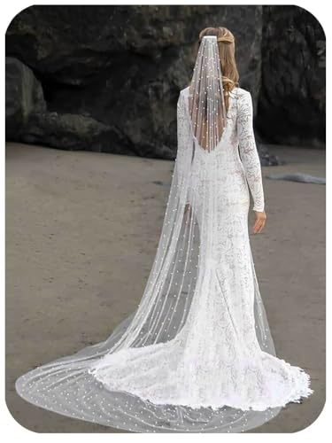Aiosy Cathedral Wedding Veils Long Pearl Veil with Comb White Bride Veils 1 Tier 118 Veil for Women (Cathedral Length 300cm/118inch)