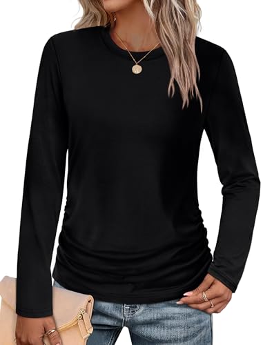 Long Sleeve Shirts for Women Dressy Casual Tops Ruched Black Blouses Fall Outfits for Women 2025 Fashion Clothes L