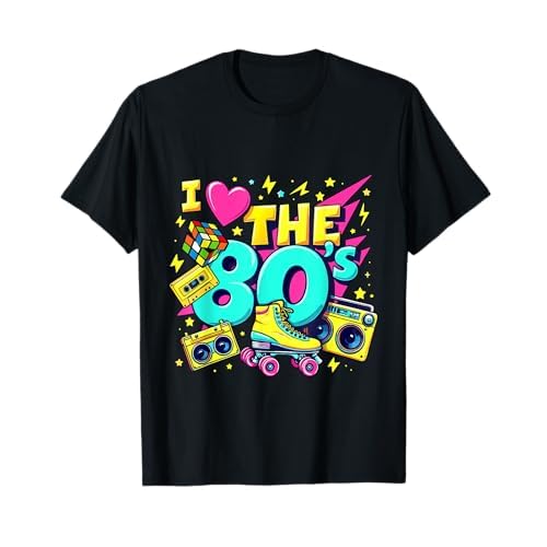 Funny Eighties 80s Costume Party I Love The 80's Camisa I Love The 80s para hombre y mujer, disfraz de fiesta vintage de los años 80 Camiseta Unisex adultos S Black Manga corta