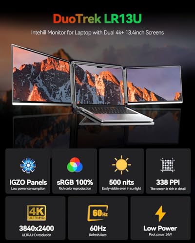 Image of Intehill 4K Laptop Screen Extender, 13.4 inch Dual Screen Monitor for Laptop, 3840x2400 Anti-Glare Portable IGZO Display, 100% sRGB 500 Nits Brightness Foldable Plug-Play Portable Travel Monitor, LR13U | 3840x2400 Dual Screen Monitor for Laptop, 100% sRGB 500 nits Brightness Foldable Plug-Play Portable Travel Monitor, LR13U