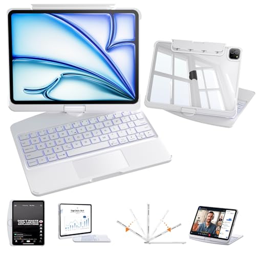 Image of Keyboard Case for Air 13 Inch M4 /M3 /M2 2026 /2025 /2024 & iPad Pro 12.9 inch 3-6 Gen, iPad Case with Keyboard Multi-Touch Trackpad, 360 Rotating Stand, 7-Color 3-Level Backlit, Pencil Holder, White