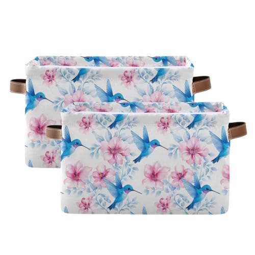 Image of Aslsiy Storage Basket Flower Pink Flowers and Hummingbirds-1 Nursery Bins Baby Canvas Box Clothes Shelf Basket Laundry Hampers 2 Pcs