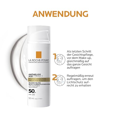 La Roche Posay Anthelios Age Correct, Feuchtigkeitsspendende Anti-Age Tagescreme mit LSF50 für reife, empfindliche Haut, Beugt lichtbedingter Hautalterung vor, Mit Niacinamid und Phe-Resorcinol, 50 ml