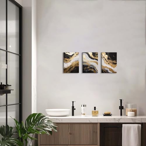 ZQARTZZQ Black and Gold Wall Art, Abstract Canvas Framed Wall Art Marble Pictures Wall Decor Prints Paintings Set of 3 for Living Room Bedroom Office Bathroom 12x16in