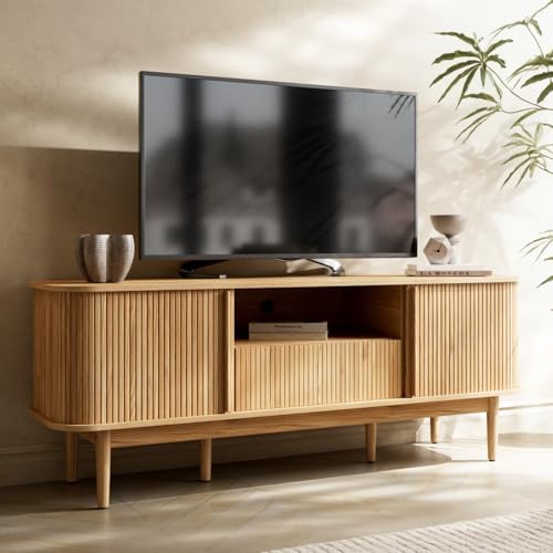 Image of Furniway Modern TV Stand for 45 /55 /70 inch TV, Entertainment Center with Sliding Doors and Storage, Wood TV Stand for Bedroom, Living Room, Natural